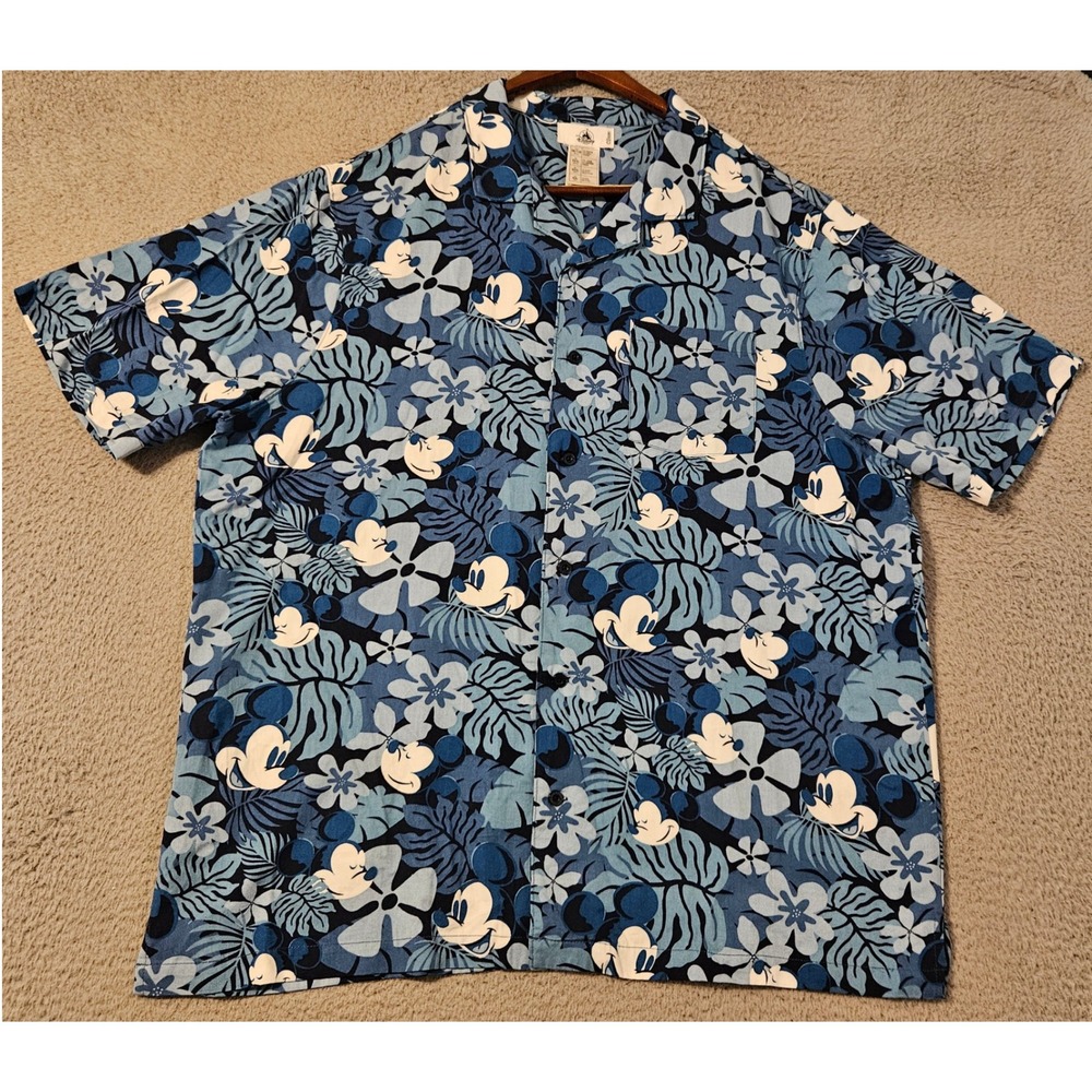 Disney Parks Mickey Mouse Tropical Floral Button Down Shirt Blue Mens XXL Rayon